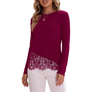 PRETTYGARDEN Women’s Lace Patchwork Long Sleeve Shirts(Wine Red)
