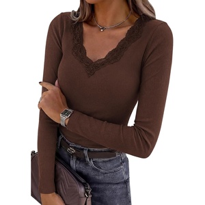 PRETTYGARDEN Women’s Lace V Neck Long Sleeve Fitted T Shirts(Brown)