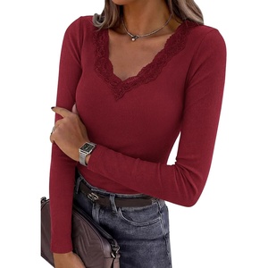 PRETTYGARDEN Women’s Lace V Neck Long Sleeve Fitted T Shirts(Burgundy)