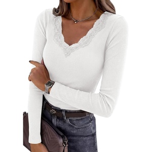 PRETTYGARDEN Women’s Lace V Neck Long Sleeve Fitted T Shirts(White)