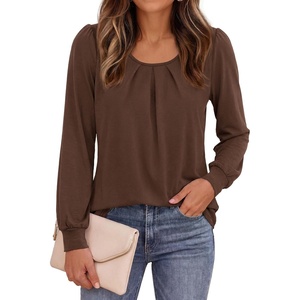PRETTYGARDEN Womens Long Puff Sleeve Tops Crew Neck Blouse(Brown)