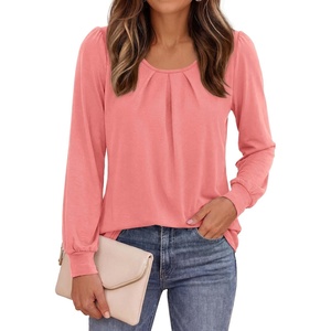PRETTYGARDEN Womens Long Puff Sleeve Tops Crew Neck Blouse(Coral Pink)