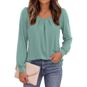 PRETTYGARDEN Womens Long Puff Sleeve Tops Crew Neck Blouse(Grey Green)