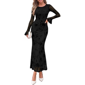 PRETTYGARDEN Women’s Long Sleeve Floral Maxi Mesh Dress(Black)