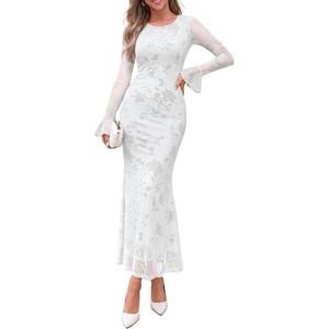 PRETTYGARDEN Women’s Long Sleeve Floral Maxi Mesh Dress(White)