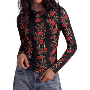 PRETTYGARDEN Womens Long Sleeve Shirts Floral Y2K Tops(Black)