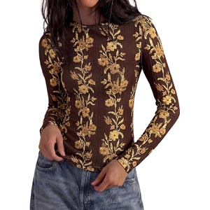 PRETTYGARDEN Womens Long Sleeve Shirts Floral Y2K Tops(Brown)