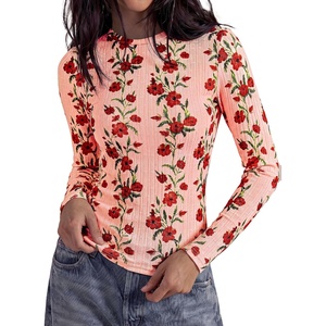 PRETTYGARDEN Womens Long Sleeve Shirts Floral Y2K Tops(Pink)