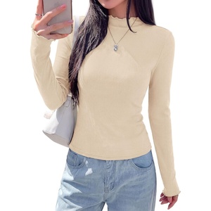 PRETTYGARDEN Women’s Long Sleeve T Shirts Lettuce Trim Mock Neck Tops(Beige)