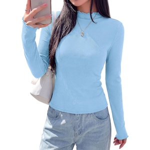 PRETTYGARDEN Women’s Long Sleeve T Shirts Lettuce Trim Mock Neck Tops(Light Blue)