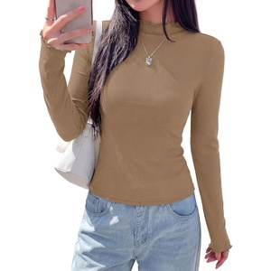 PRETTYGARDEN Women’s Long Sleeve T Shirts Lettuce Trim Mock Neck Tops(Light Khaki)