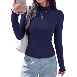 PRETTYGARDEN Women’s Long Sleeve T Shirts Lettuce Trim Mock Neck Tops(Navy Blue)