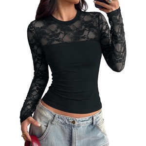 PRETTYGARDEN Womens Mesh Sheer Shirts Lace Long Sleeve Tops(Black)