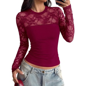 PRETTYGARDEN Womens Mesh Sheer Shirts Lace Long Sleeve Tops(Burgundy)
