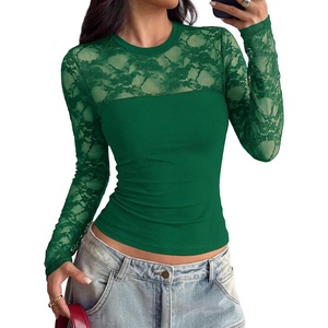 PRETTYGARDEN Womens Mesh Sheer Shirts Lace Long Sleeve Tops(Green)
