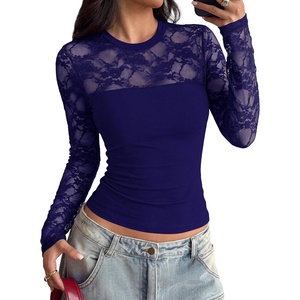 PRETTYGARDEN Womens Mesh Sheer Shirts Lace Long Sleeve Tops(Navy)