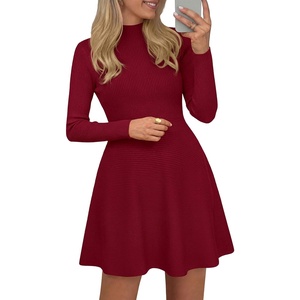 PRETTYGARDEN Womens Mock Neck Long Sleeve Sweater Mini Dress(Burgundy)