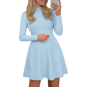 PRETTYGARDEN Womens Mock Neck Long Sleeve Sweater Mini Dress(Light Blue)