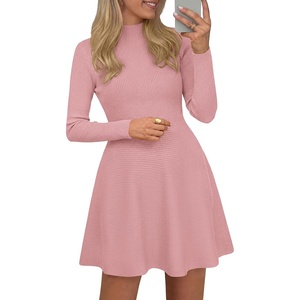 PRETTYGARDEN Womens Mock Neck Long Sleeve Sweater Mini Dress(Pink)