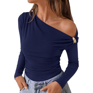 PRETTYGARDEN Womens Off The Shoulder Tops Long Sleeve Shirts(Navy Blue)