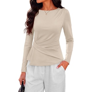 PRETTYGARDEN Womens Ruched Tops Casual Long Sleeve Shirt(Beige)