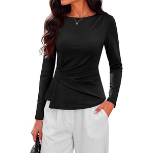 PRETTYGARDEN Womens Ruched Tops Casual Long Sleeve Shirt(Black)