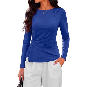 PRETTYGARDEN Womens Ruched Tops Casual Long Sleeve Shirt(Blue)