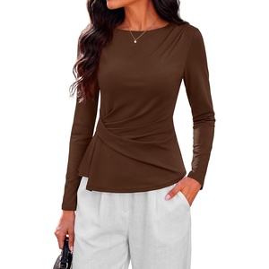 PRETTYGARDEN Womens Ruched Tops Casual Long Sleeve Shirt(Coffee)