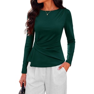 PRETTYGARDEN Womens Ruched Tops Casual Long Sleeve Shirt(Dark Green)