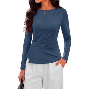 PRETTYGARDEN Womens Ruched Tops Casual Long Sleeve Shirt(Grey Blue)