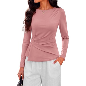 PRETTYGARDEN Womens Ruched Tops Casual Long Sleeve Shirt(Pink)