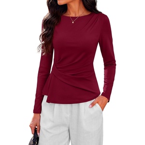 PRETTYGARDEN Womens Ruched Tops Casual Long Sleeve Shirt(Wine Red)