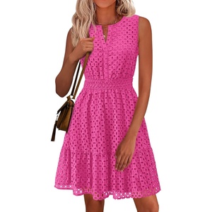 PRETTYGARDEN Women’s Summer Eyelet A Line Short Dresses(Rose Red)