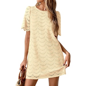 PRETTYGARDEN Women’s Summer Eyelet Lace Short Dress(Beige)