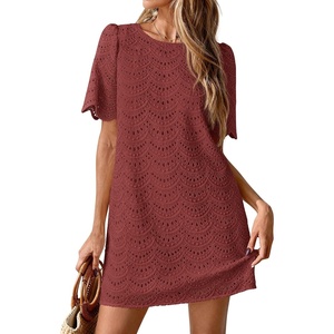 PRETTYGARDEN Women’s Summer Eyelet Lace Short Dress(Brown Red)