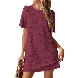 PRETTYGARDEN Women’s Summer Eyelet Lace Short Dress(Burgundy)
