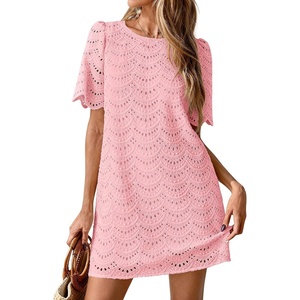 PRETTYGARDEN Women’s Summer Eyelet Lace Short Dress(Pink)