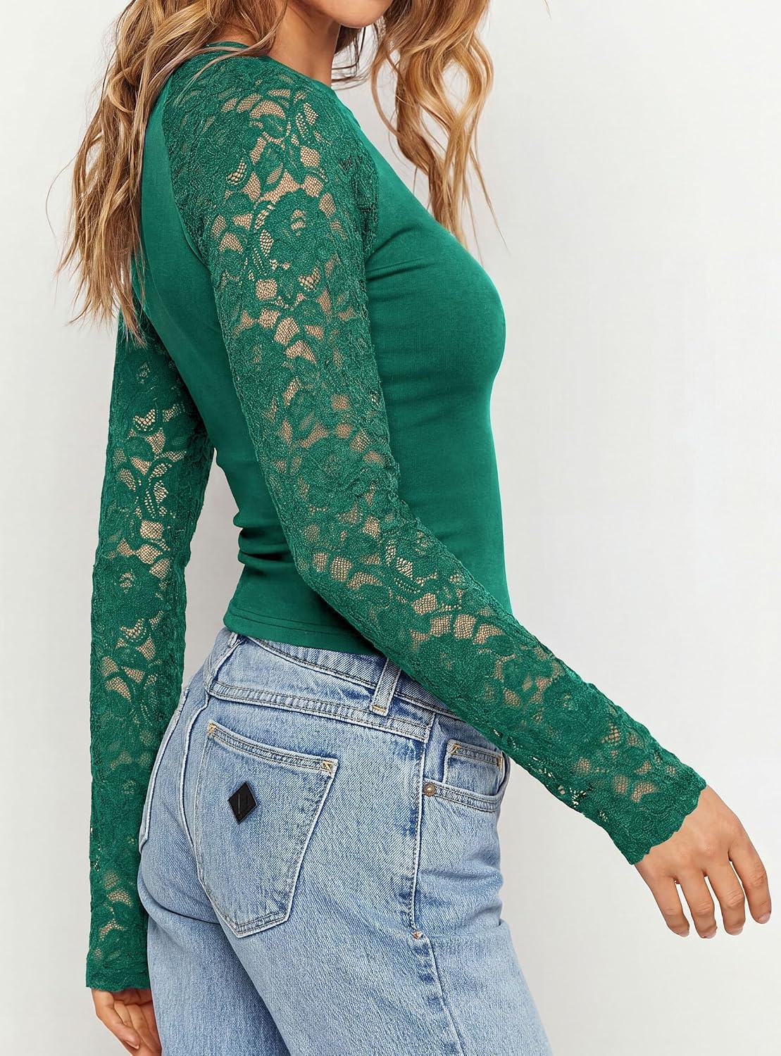 image:imagePRETTYGARDEN Sheer Lace Raglan Long Sleeve Shirts for WomenGreen