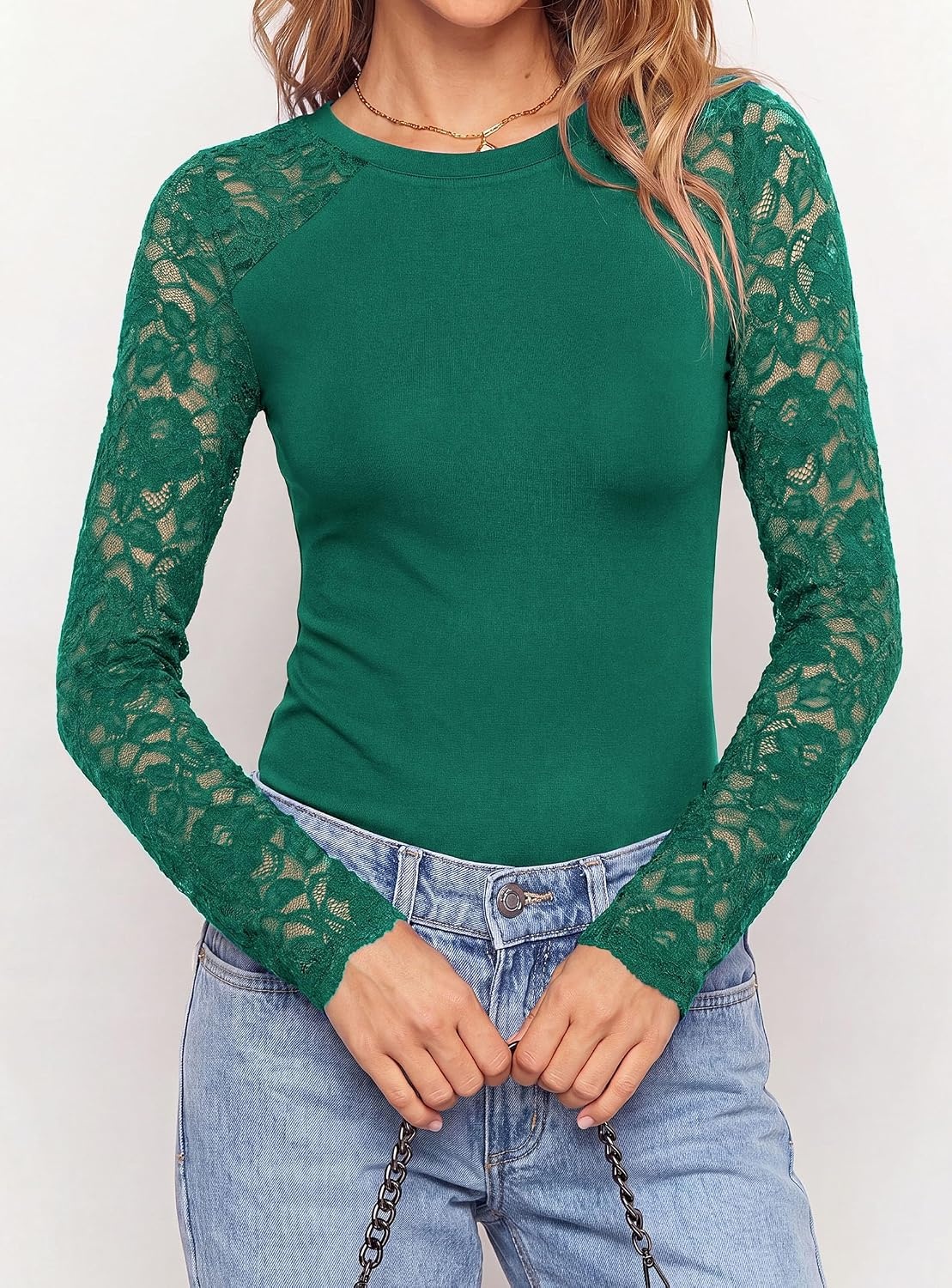 image:imagePRETTYGARDEN Sheer Lace Raglan Long Sleeve Shirts for WomenGreen