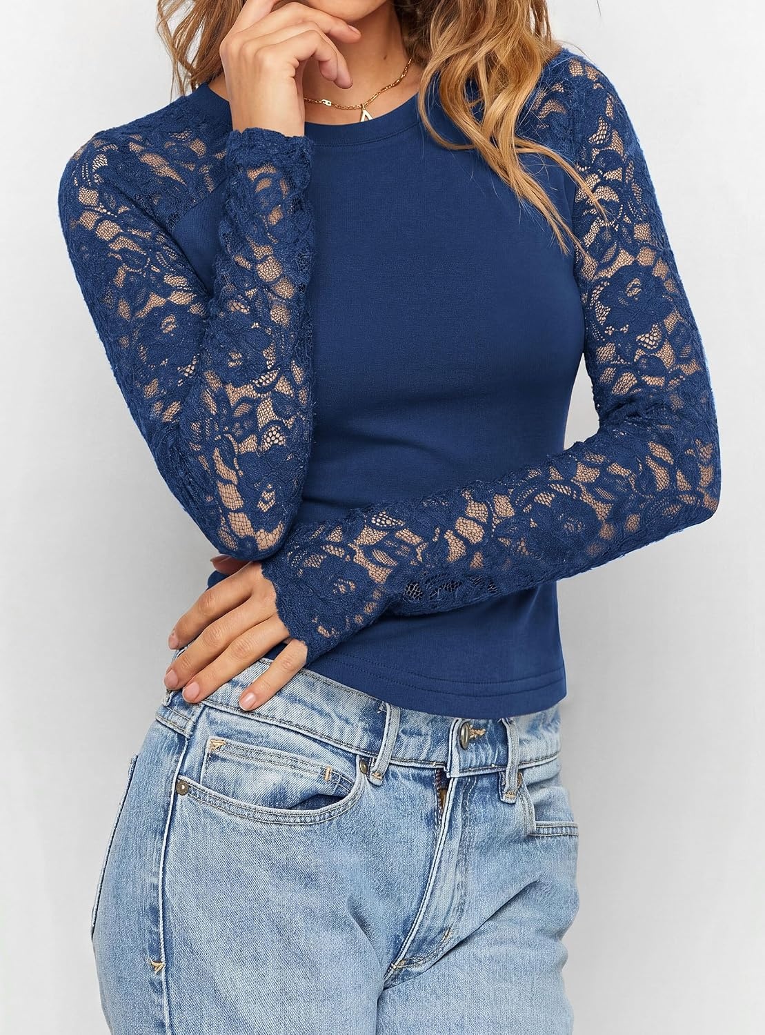 image:imagePRETTYGARDEN Sheer Lace Raglan Long Sleeve Shirts for WomenNavy