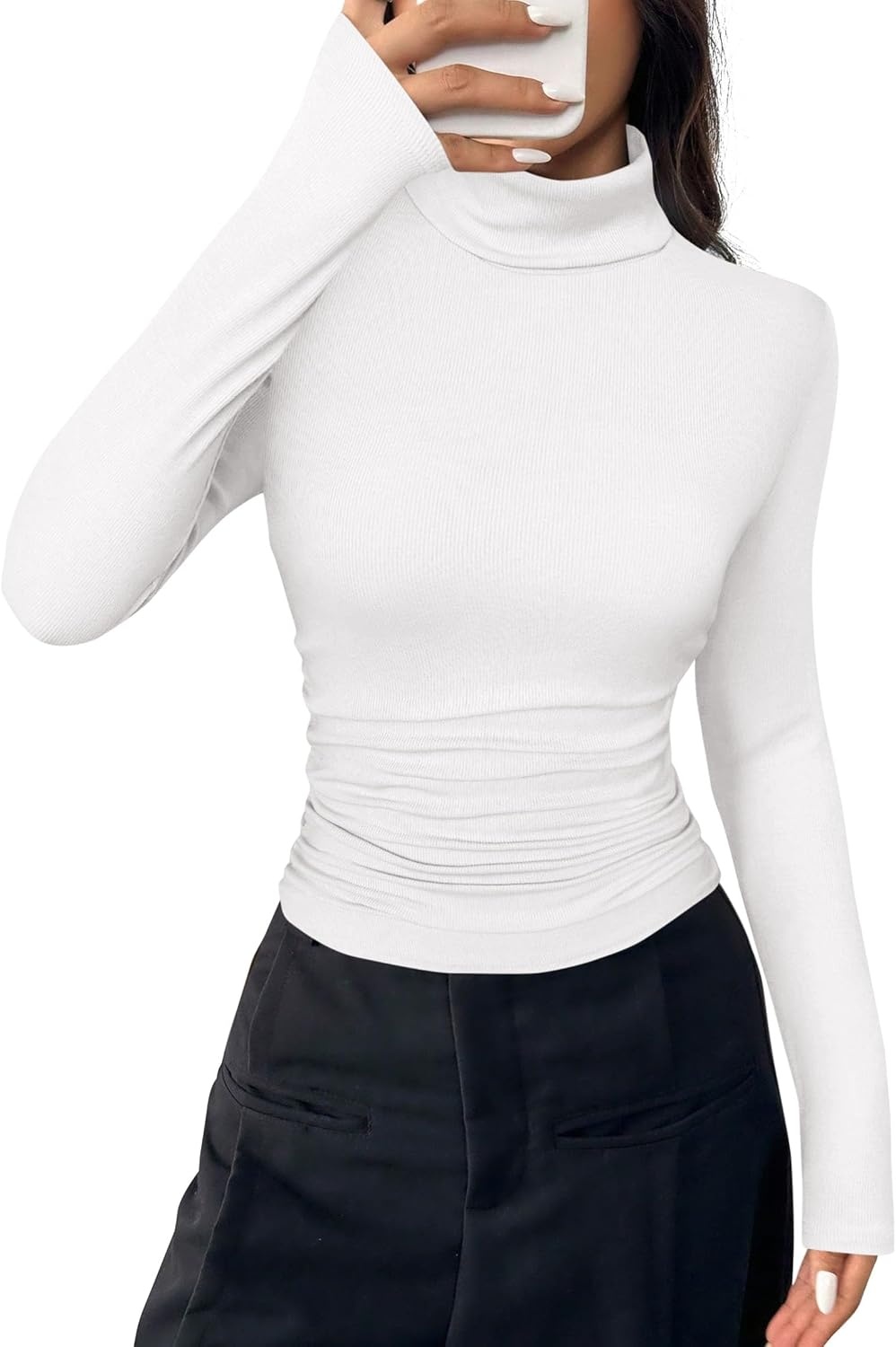 image:imagePRETTYGARDEN Turtleneck Tops for Women Long Sleeve ShirtsWhite