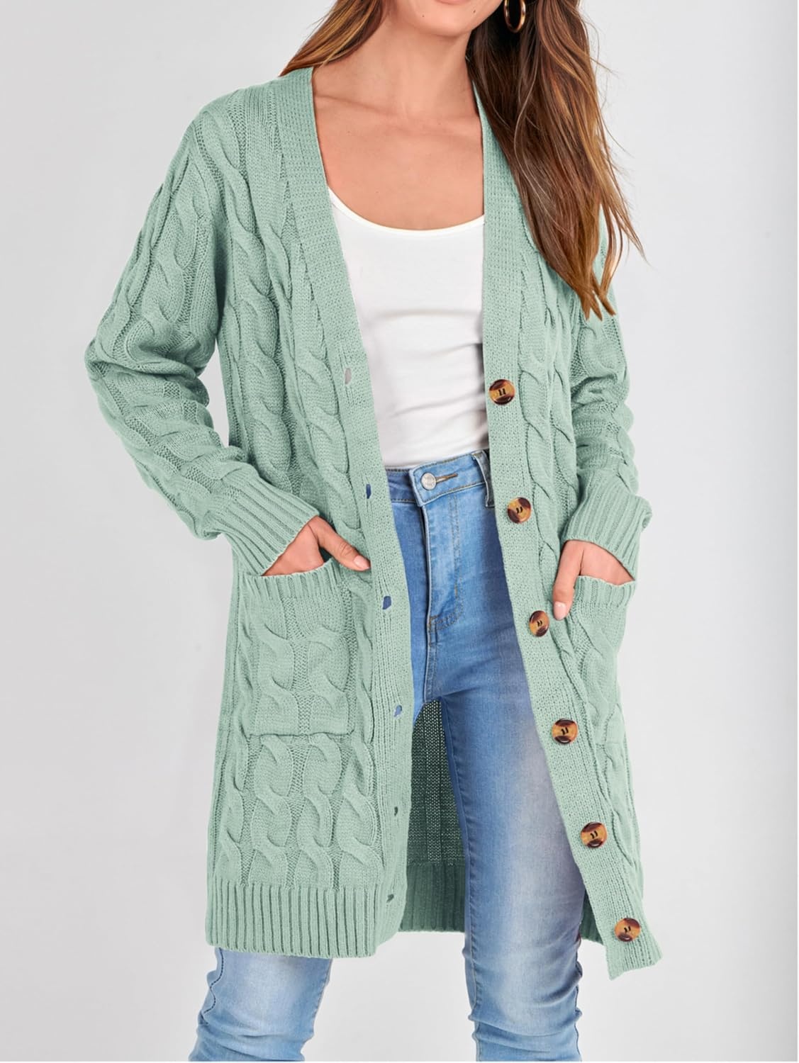 image:imagePRETTYGARDEN Womens Cable Knit Button Long Cardigan SweatersBean Green