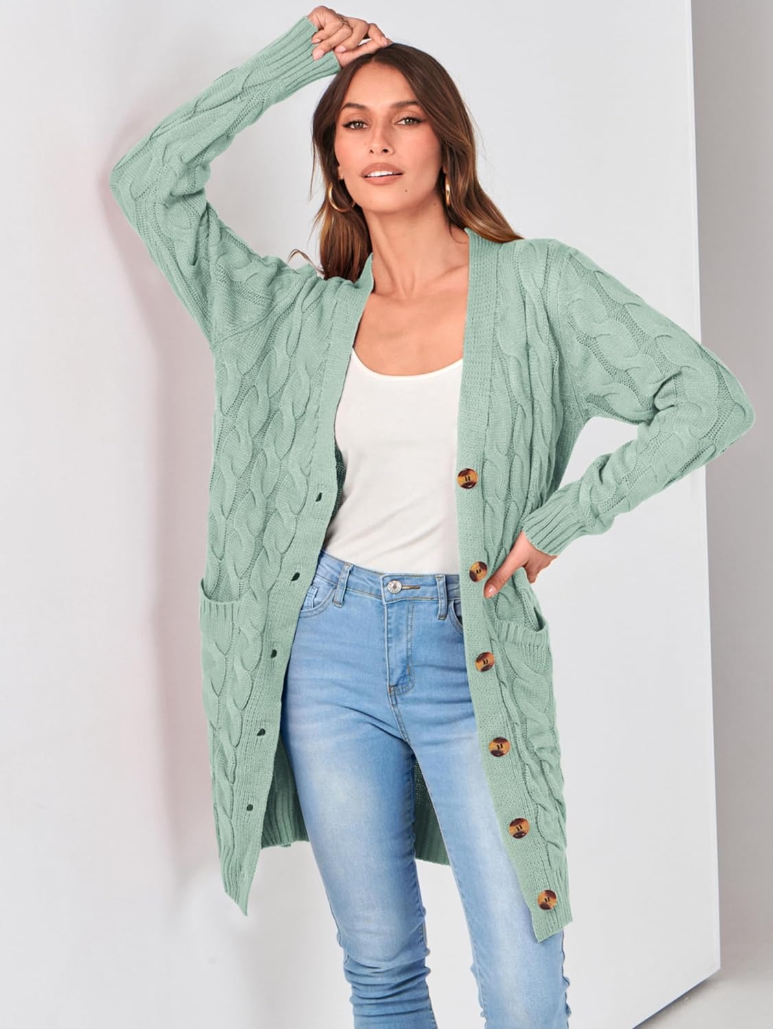 image:imagePRETTYGARDEN Womens Cable Knit Button Long Cardigan SweatersBean Green