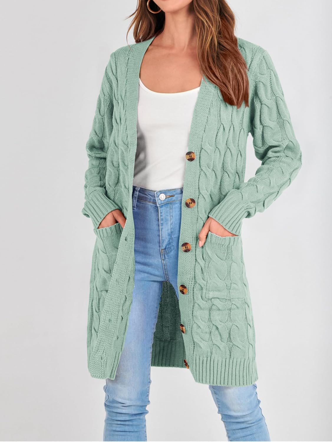 image:imagePRETTYGARDEN Womens Cable Knit Button Long Cardigan SweatersBean Green