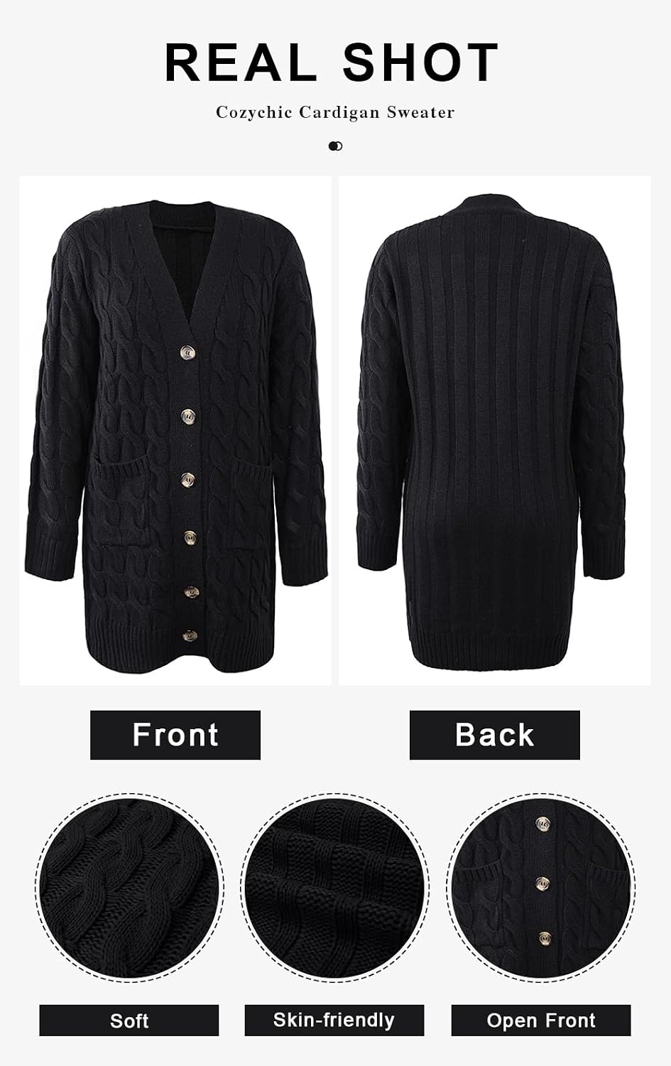 image:imagePRETTYGARDEN Womens Cable Knit Button Long Cardigan SweatersBlack