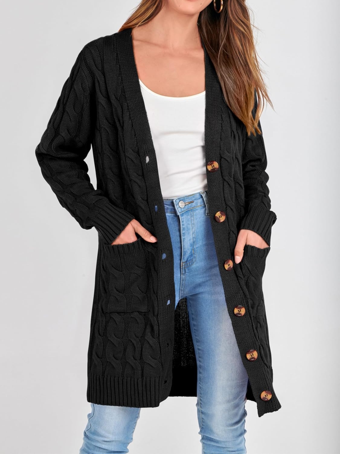 image:imagePRETTYGARDEN Womens Cable Knit Button Long Cardigan SweatersBlack