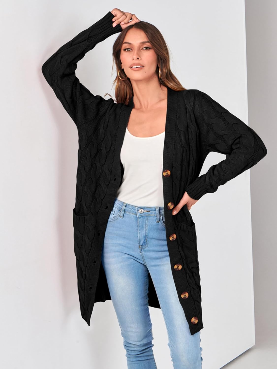 image:imagePRETTYGARDEN Womens Cable Knit Button Long Cardigan SweatersBlack