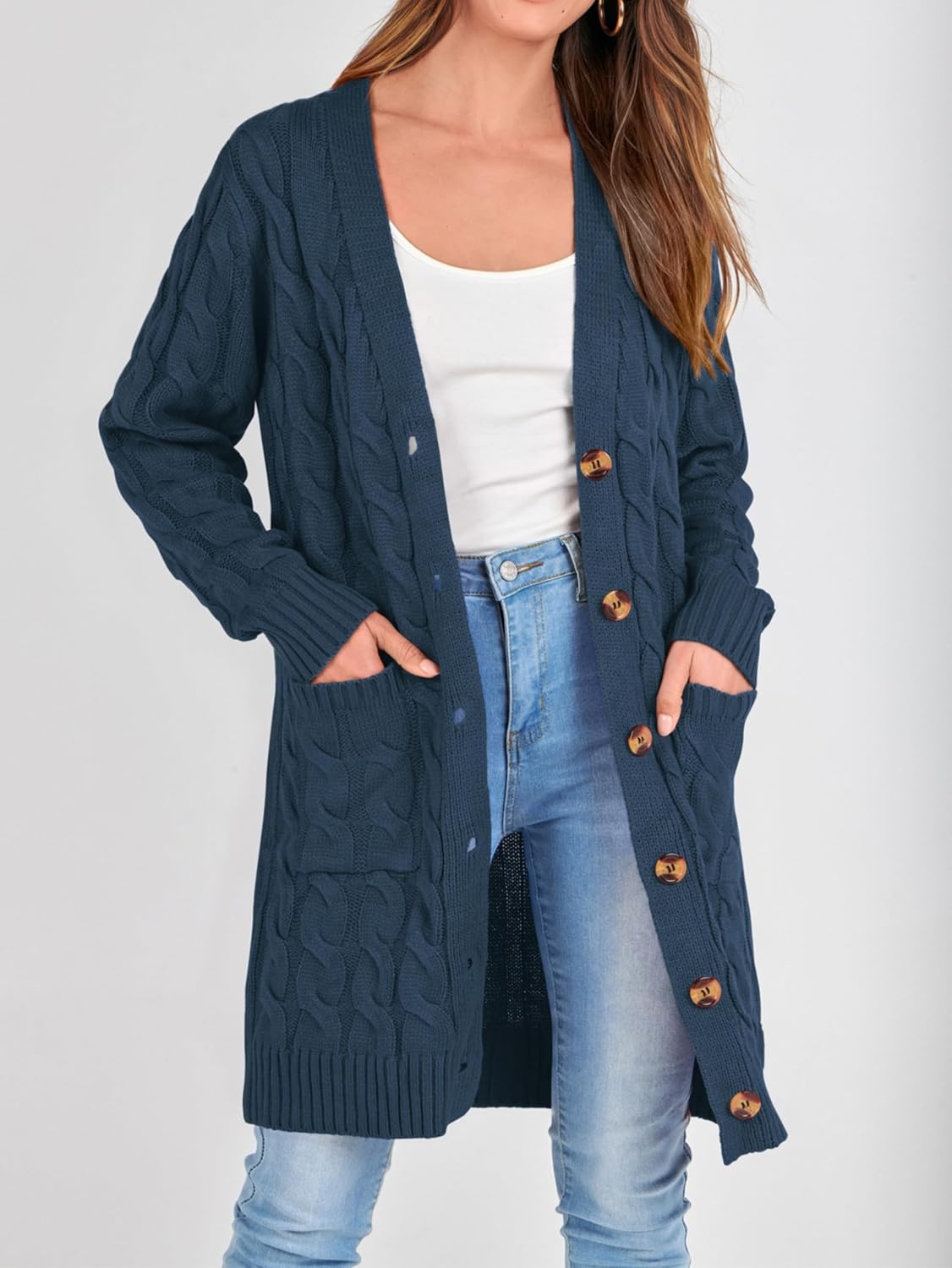 image:imagePRETTYGARDEN Womens Cable Knit Button Long Cardigan SweatersBlue