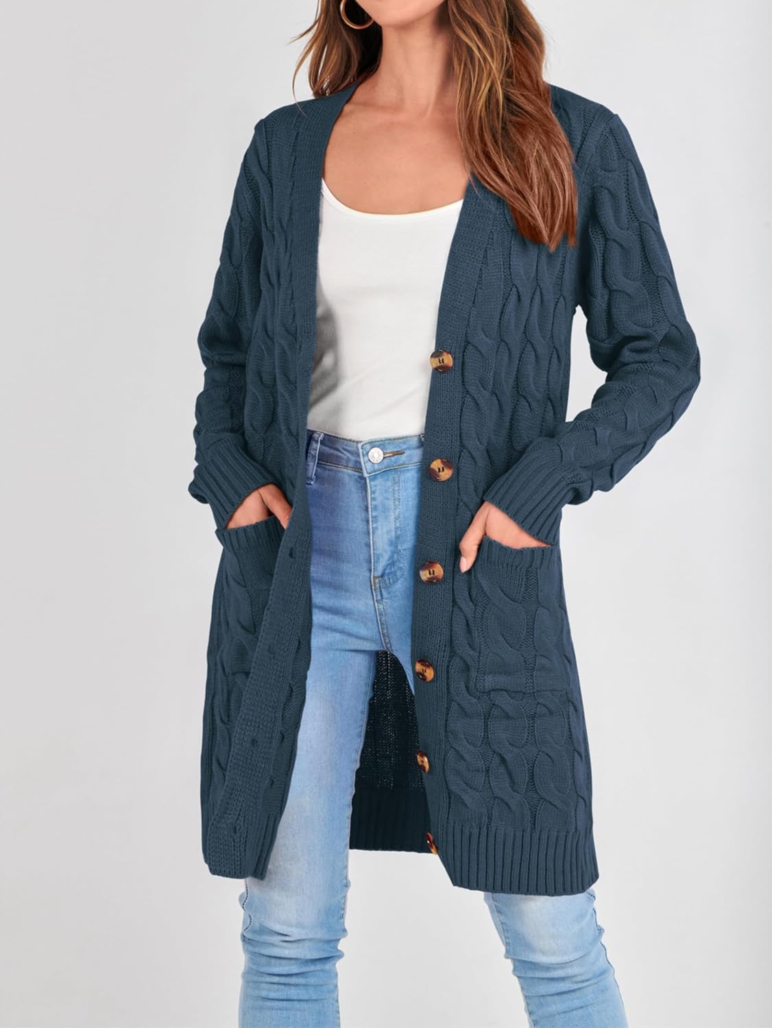 image:imagePRETTYGARDEN Womens Cable Knit Button Long Cardigan SweatersBlue