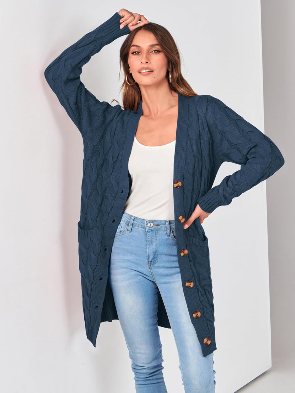 image:imagePRETTYGARDEN Womens Cable Knit Button Long Cardigan SweatersBlue